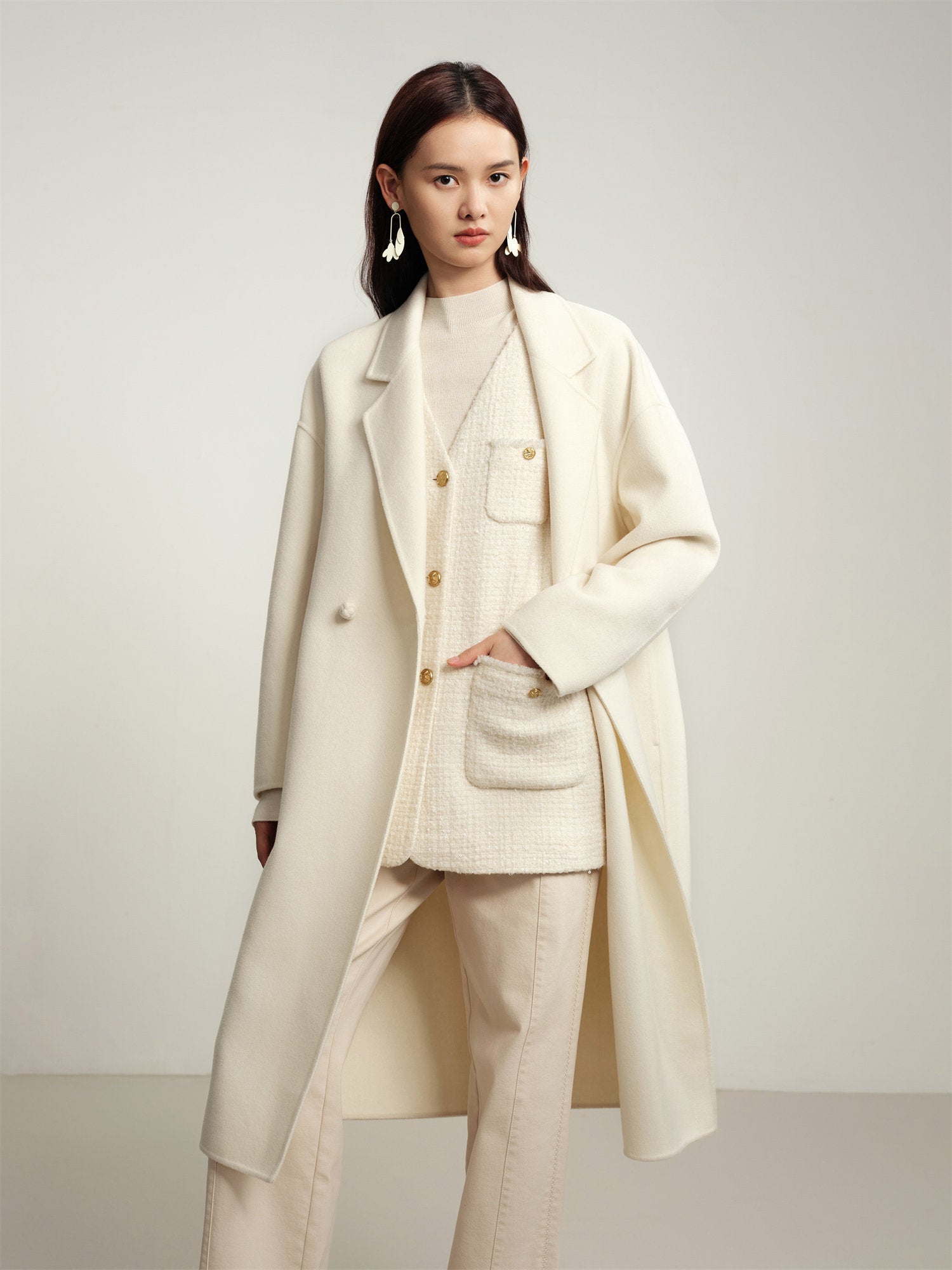 Notched Collar Cashmere Double-Breasted Coat | White