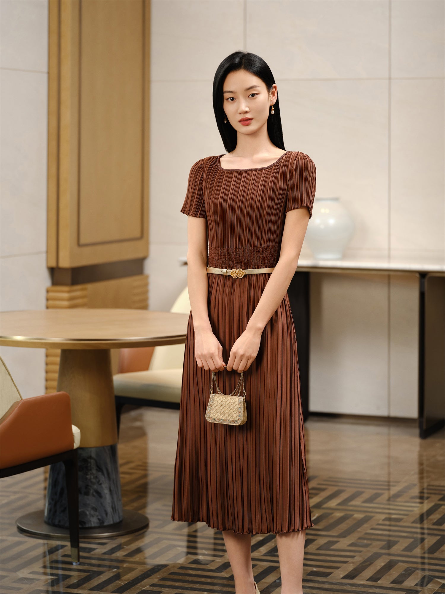 Pleated Waist-Cinched Dress | Brown