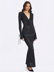 Ilysia V-Neck Plunge Snakeskin Mermaid Hem Maxi Dress | Black