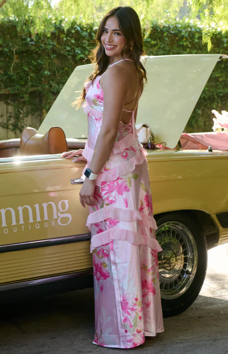 Inara Floral Print Ruffle Prom Dress | Pink