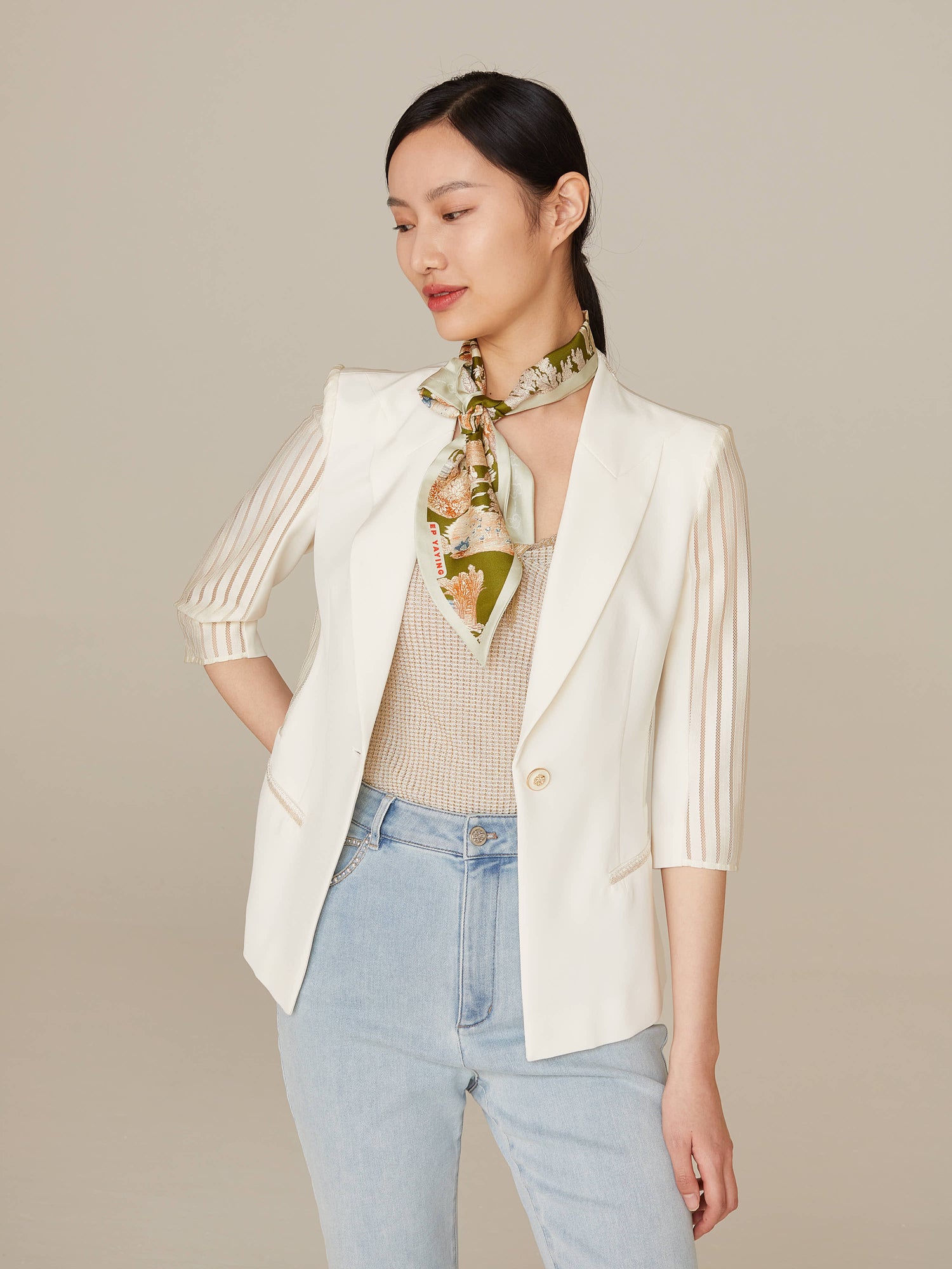Sheer Pleated Sleeve Blazer | White