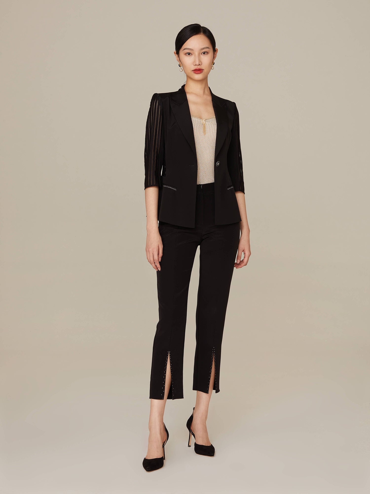 Sheer Pleated Sleeve Blazer | Black