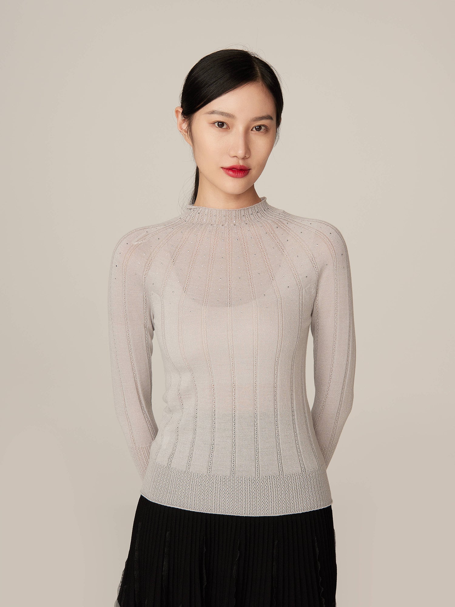 Bead Embellished Crop Knit Top | Grey