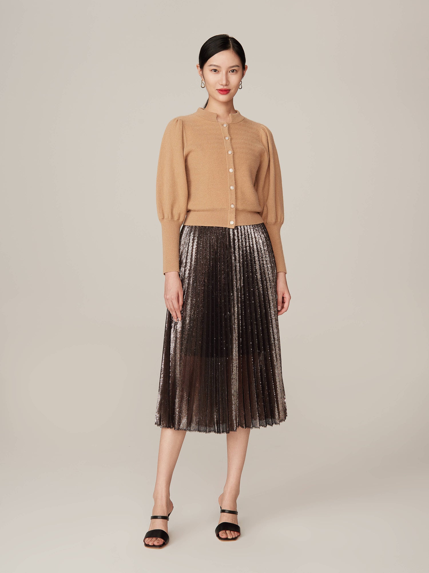 Puff Sleeve Knit Cardigan | Camel