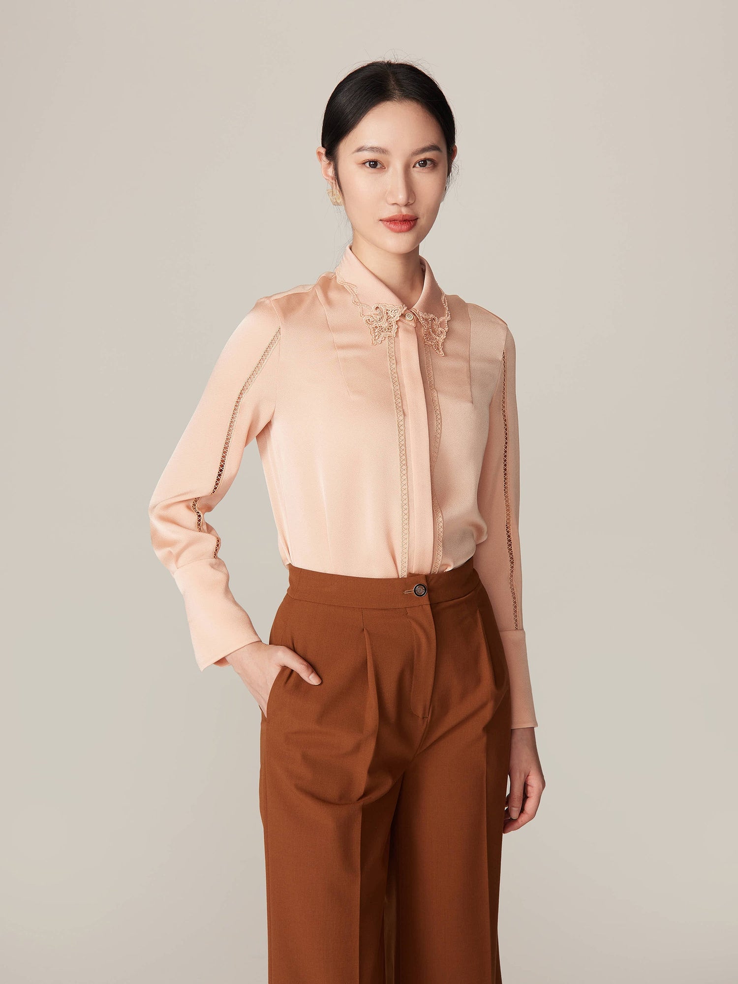 Embroidered Collar Silky Crop Shirt | Camel