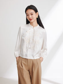 Neo-Chinese Silk Embroidered Stand Collar Shirt | White