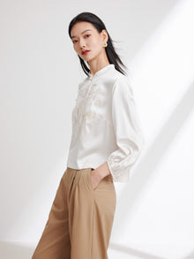 Neo-Chinese Silk Embroidered Stand Collar Shirt | White