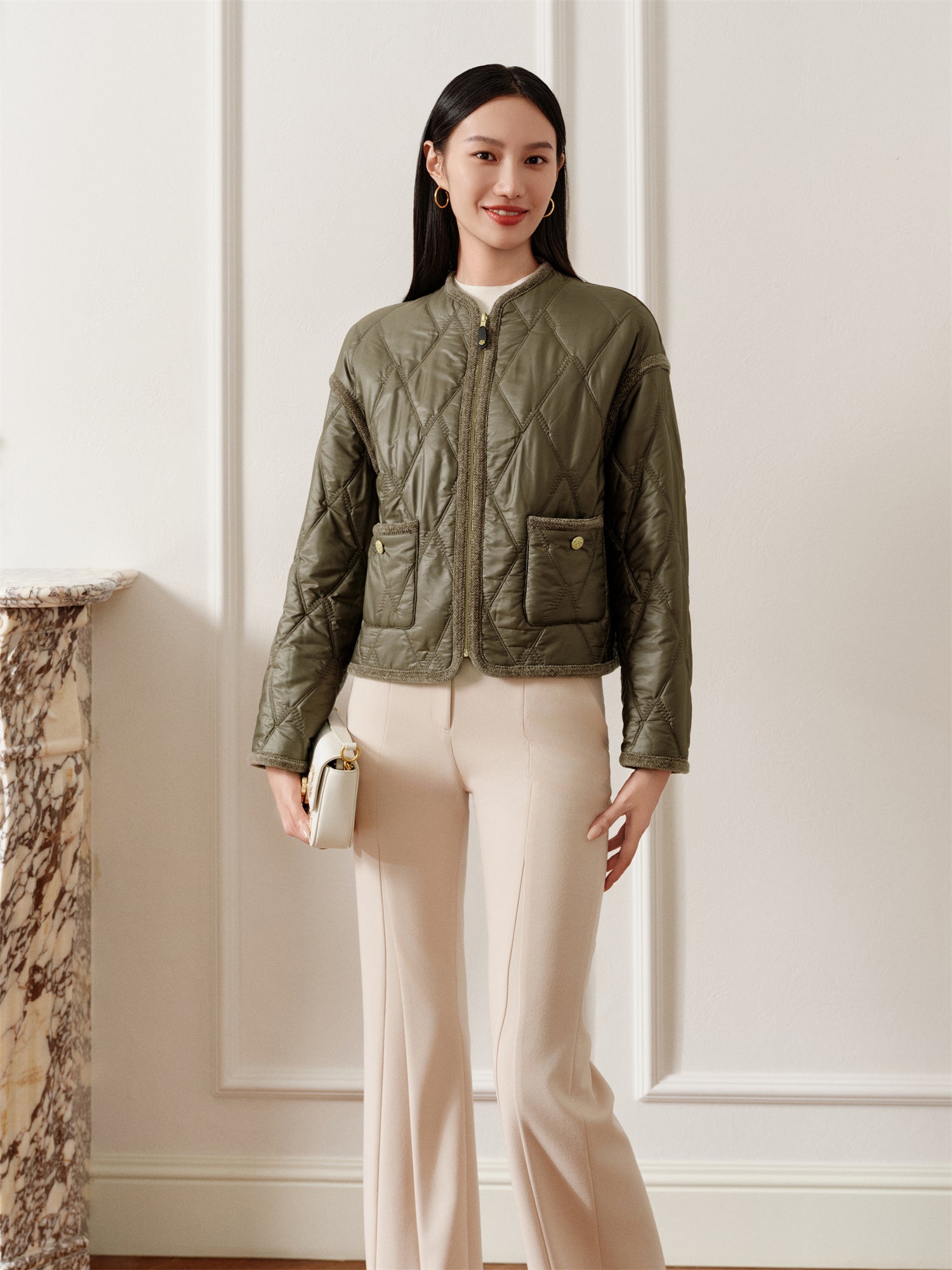 Round Neck Design Jacket | Green
