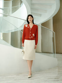 Wool Embroidered Knit Cardigan | Orange
