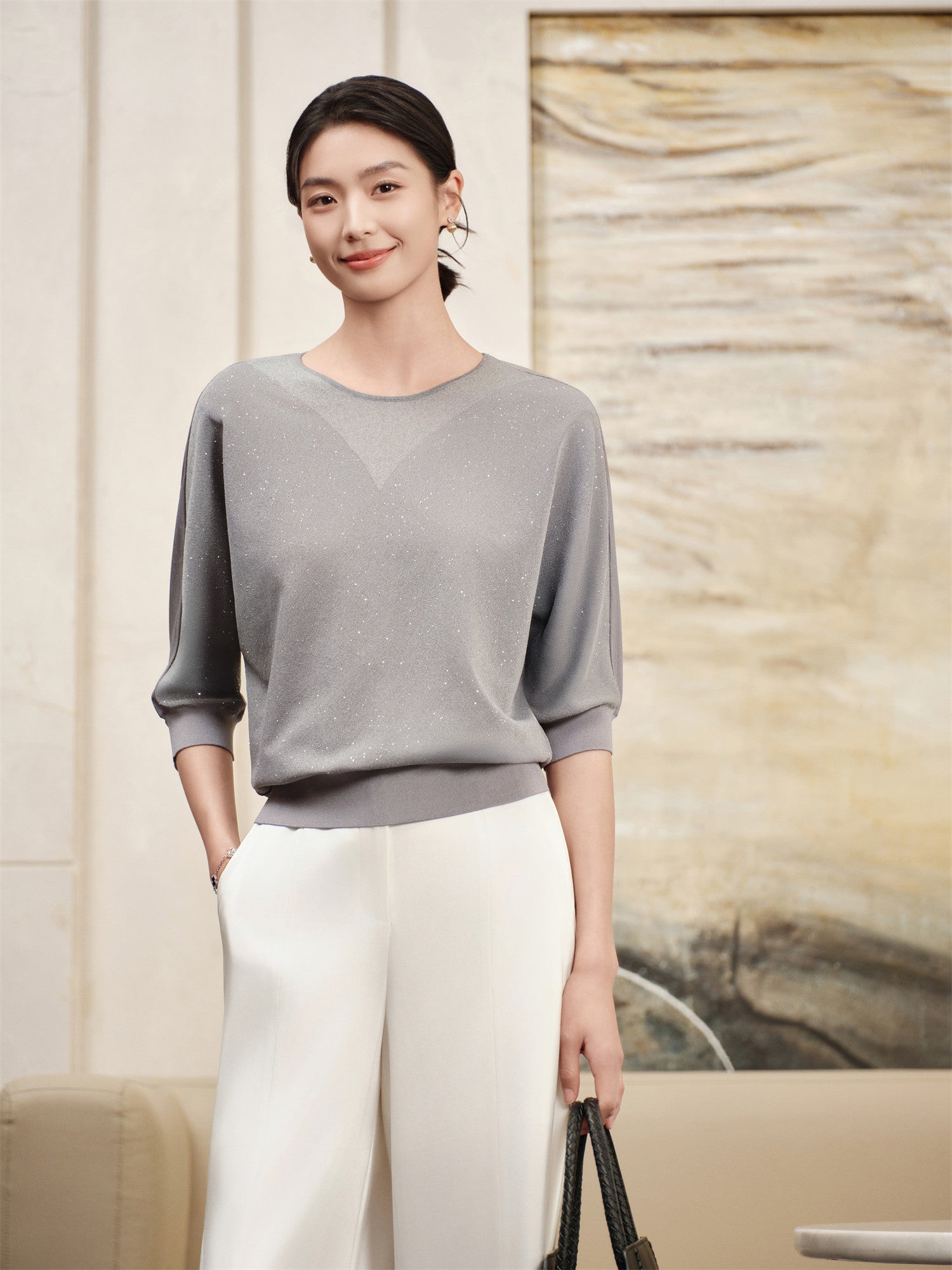 Raglan Sleeve Silhouette Starry Sky Top | Grey