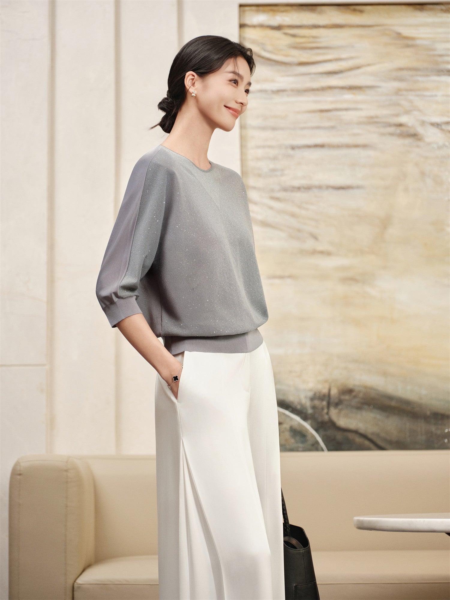Raglan Sleeve Silhouette Starry Sky Top | Grey