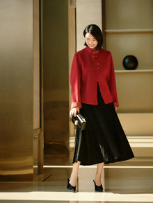 Stand Collar Frog Button Short Coat | Red