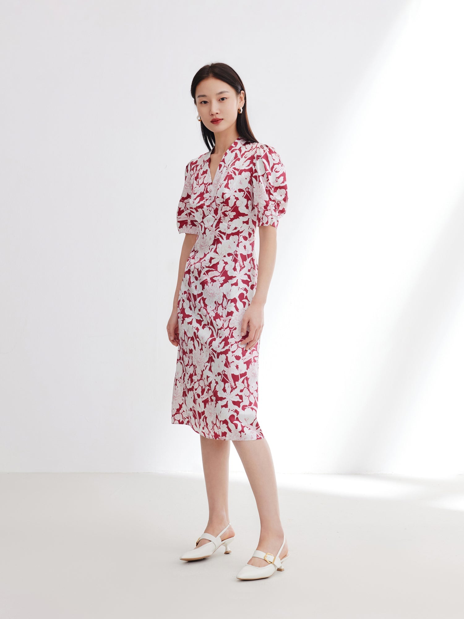 Silk Printed Waist-Cinched Dress | Red
