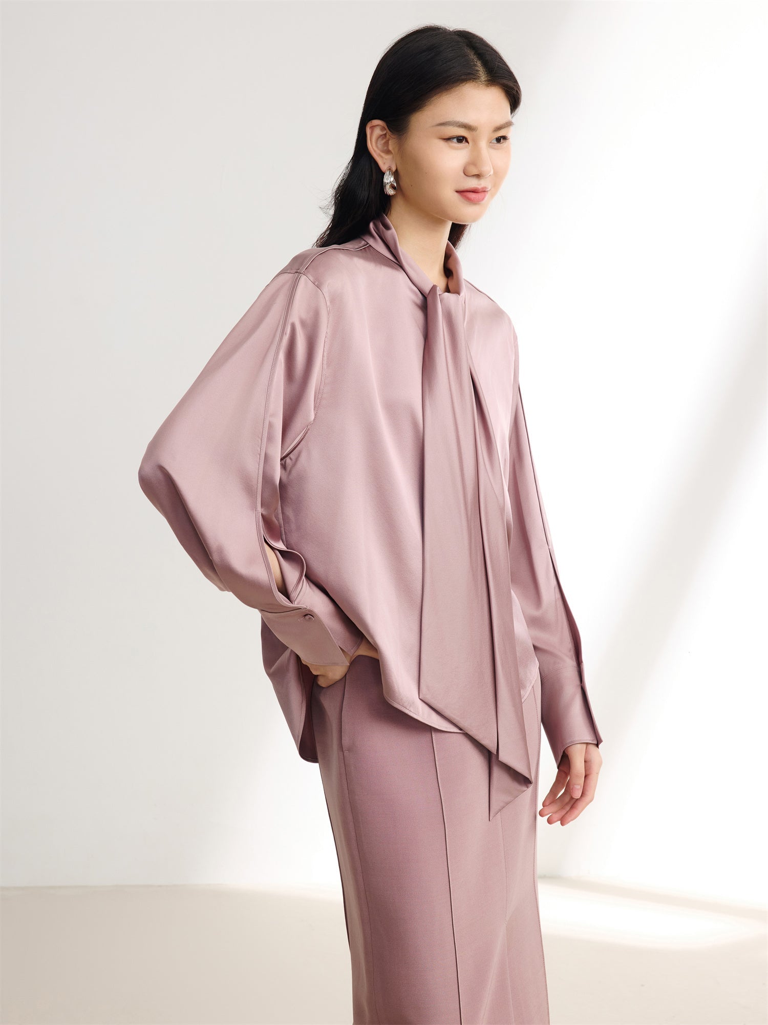 Heavy Silk Satin Ribbons Shirt | Purple