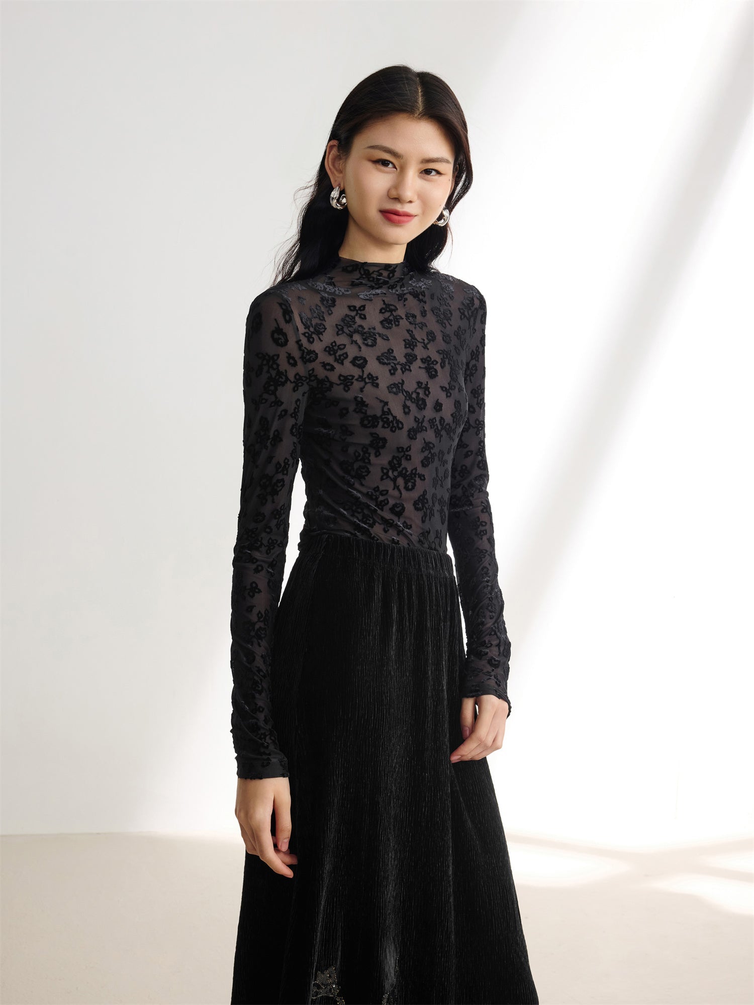 Semi-Sheer Mesh Turtleneck Top | Black