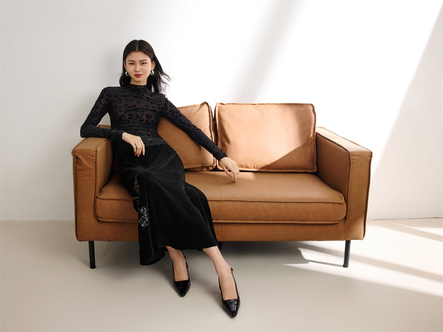 Semi-Sheer Mesh Turtleneck Top | Black