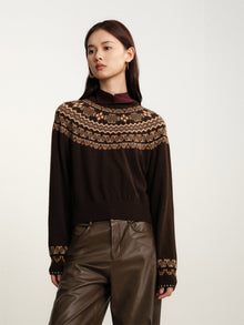 Coffee Yak Wool Ethnic Jacquard Pullover Sweater | Brown