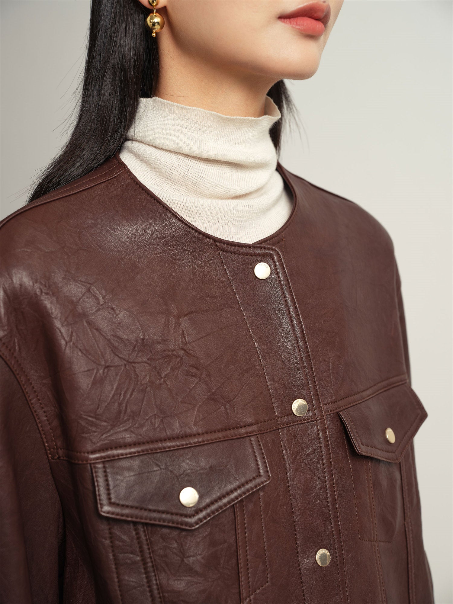 Leather Round Neck Leather Jacket | Brown