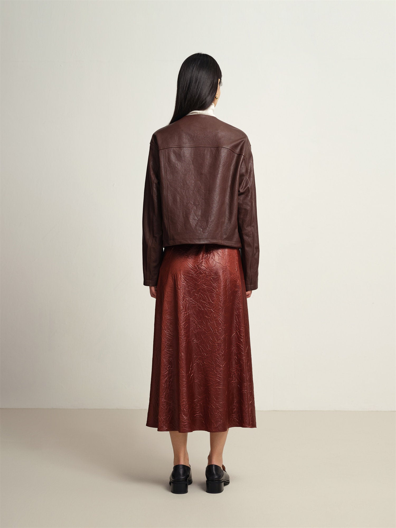 Leather Round Neck Leather Jacket | Brown