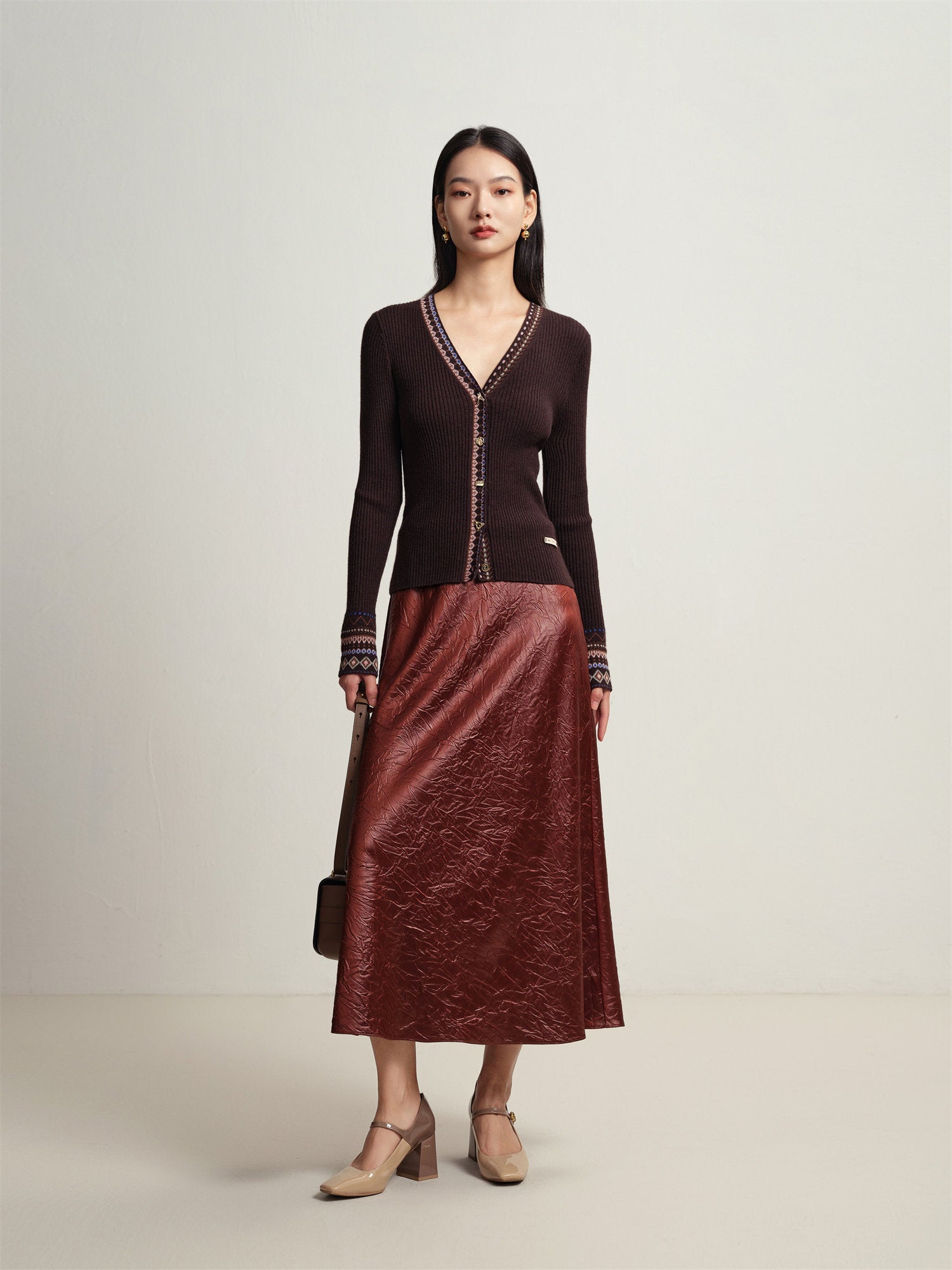 Ethnic Jacquard Knitted Cardigan | Brown
