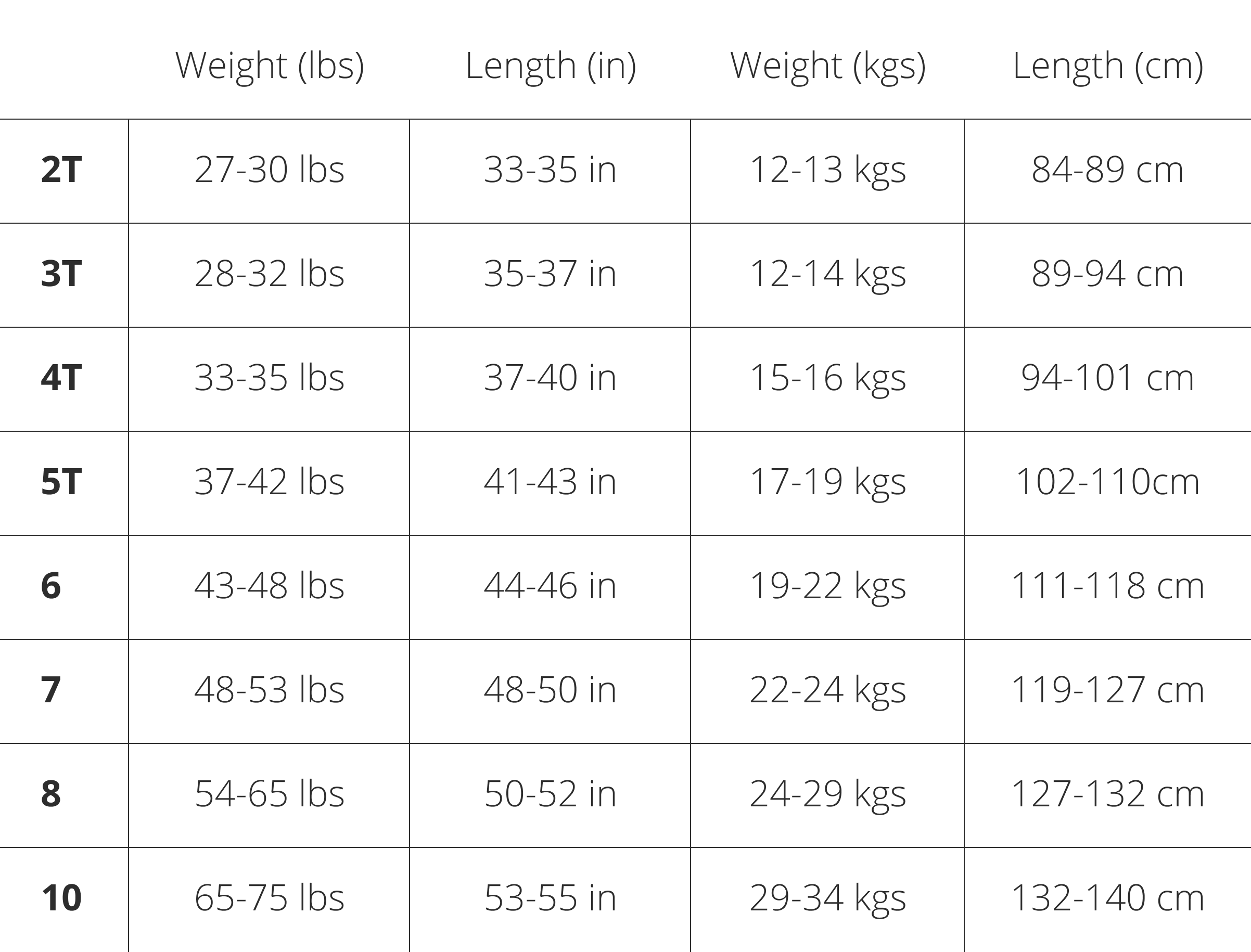 Product size guide