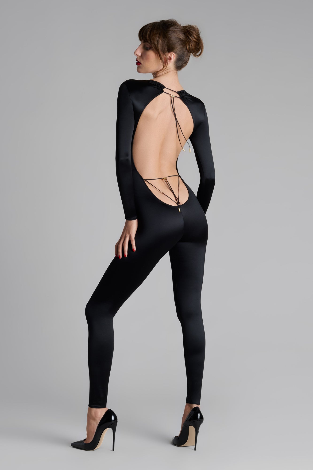 Open Back Long Sleeve Jumpsuit - French Kiss | Black