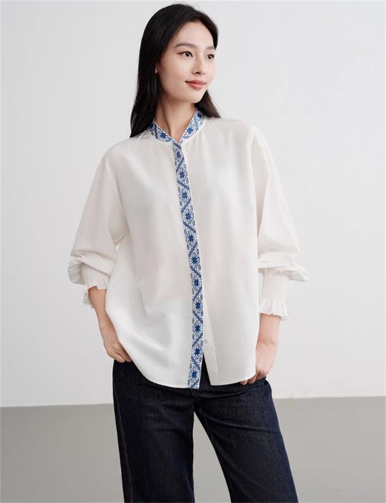 Ethnic-Style Stand Collar Shirt | White