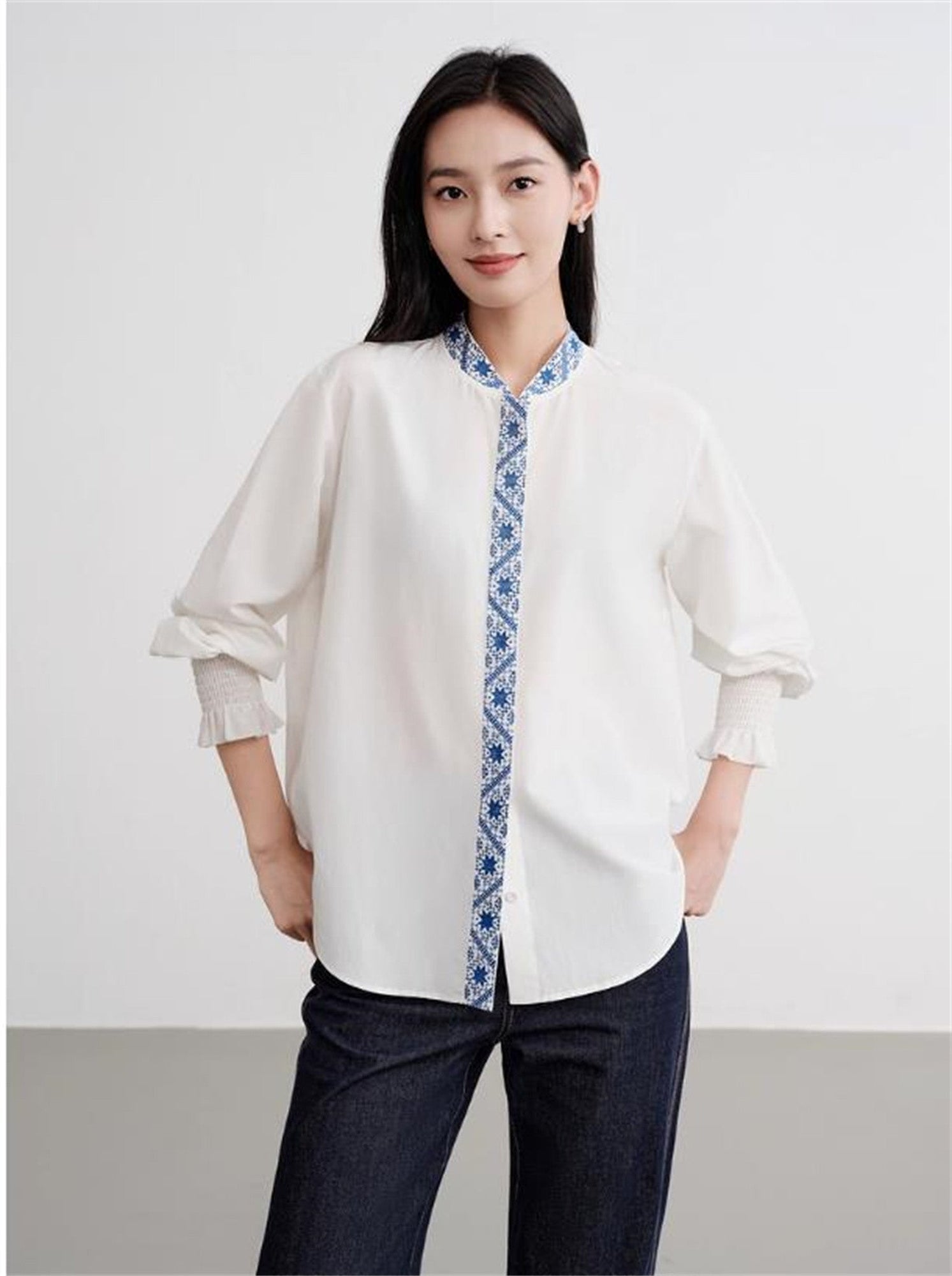 Ethnic-Style Stand Collar Shirt | White