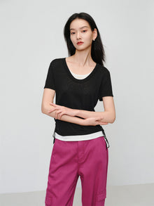 Linen Blend Crew Neck T-Shirt | Black