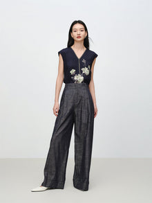 Linen-Cotton Cropped Pants | Navy