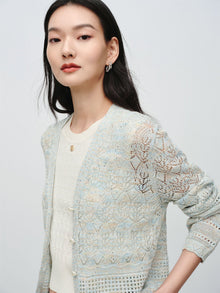 Hollow Fitted Knit Cardigan | Blue