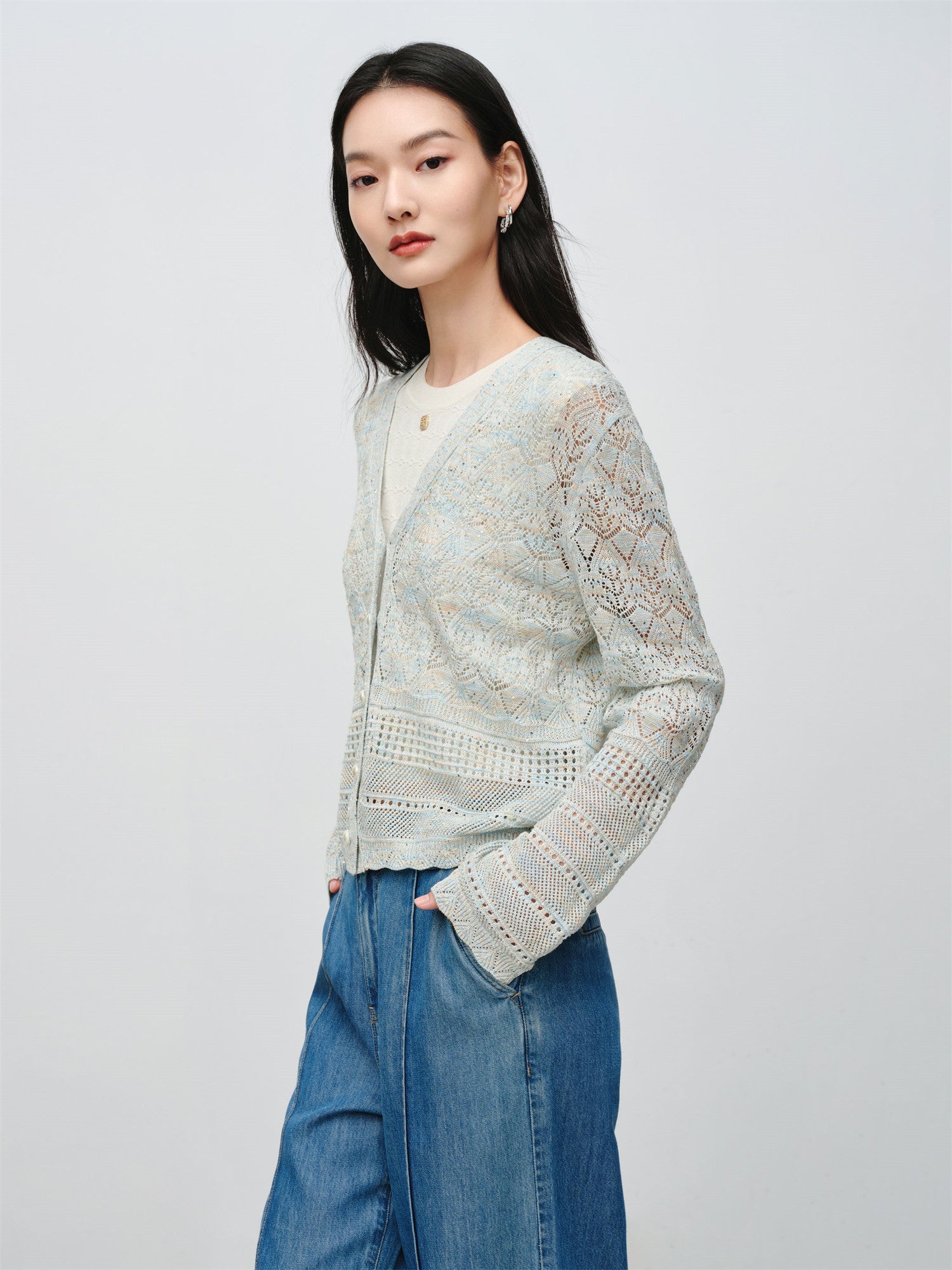 Hollow Fitted Knit Cardigan | Blue