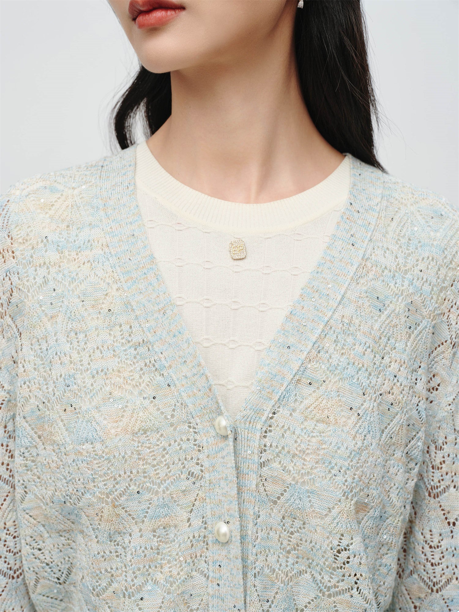 Hollow Fitted Knit Cardigan | Blue