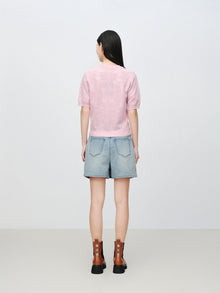 Jacquard Short-Sleeve Knit Top | Pink