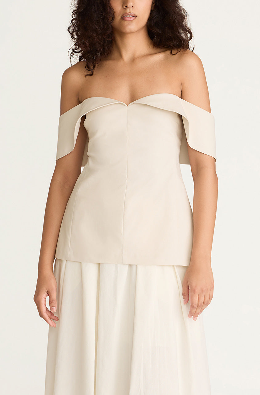 Cotton Sateen Draped Shoulder Top | Snow
