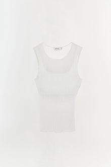 White ribbed sleeveless tank top with crew neckline and brand label at center neck.