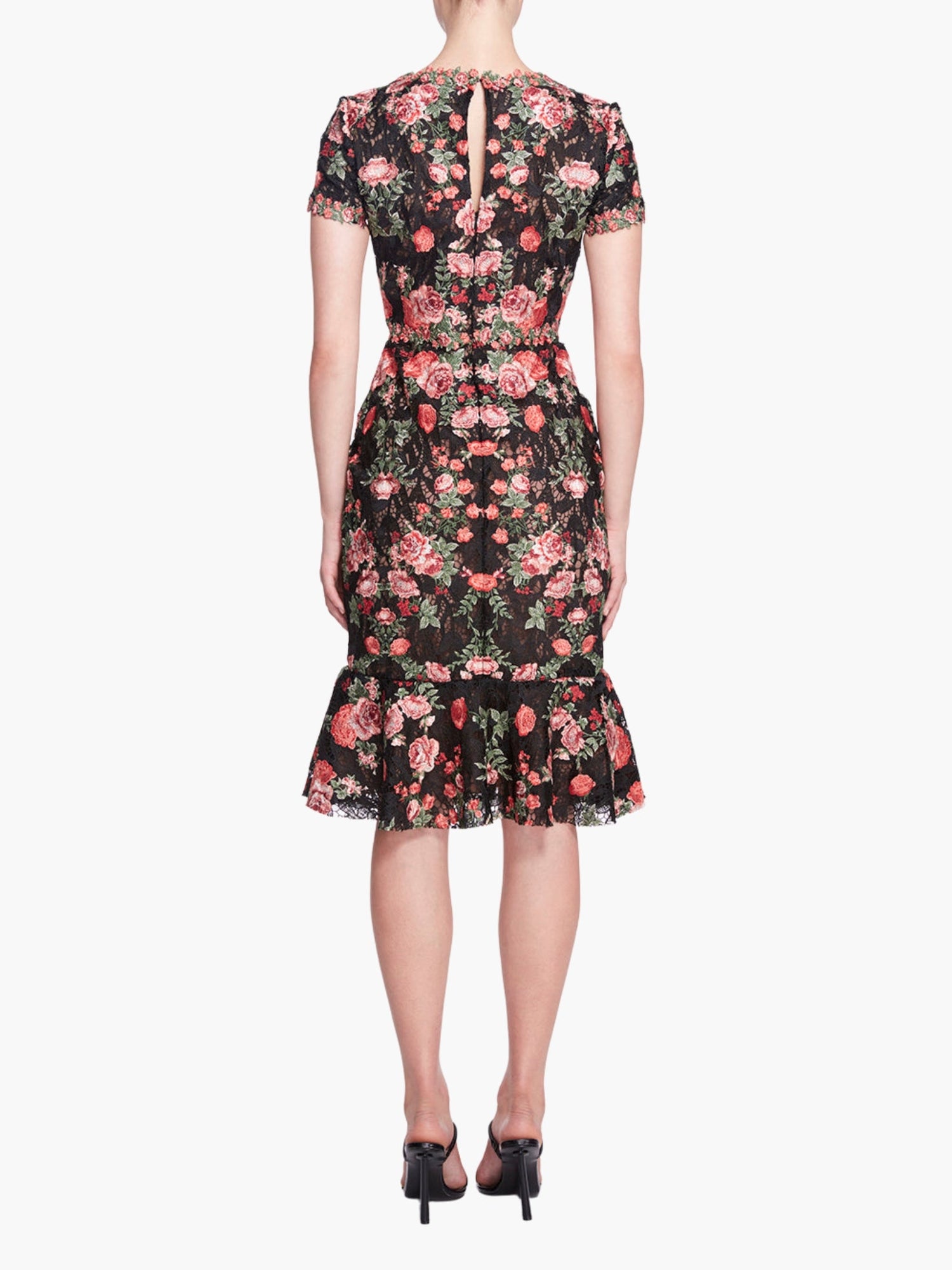 Embroidered Guipure V-neck Midi Cocktail Dress | Black/Red