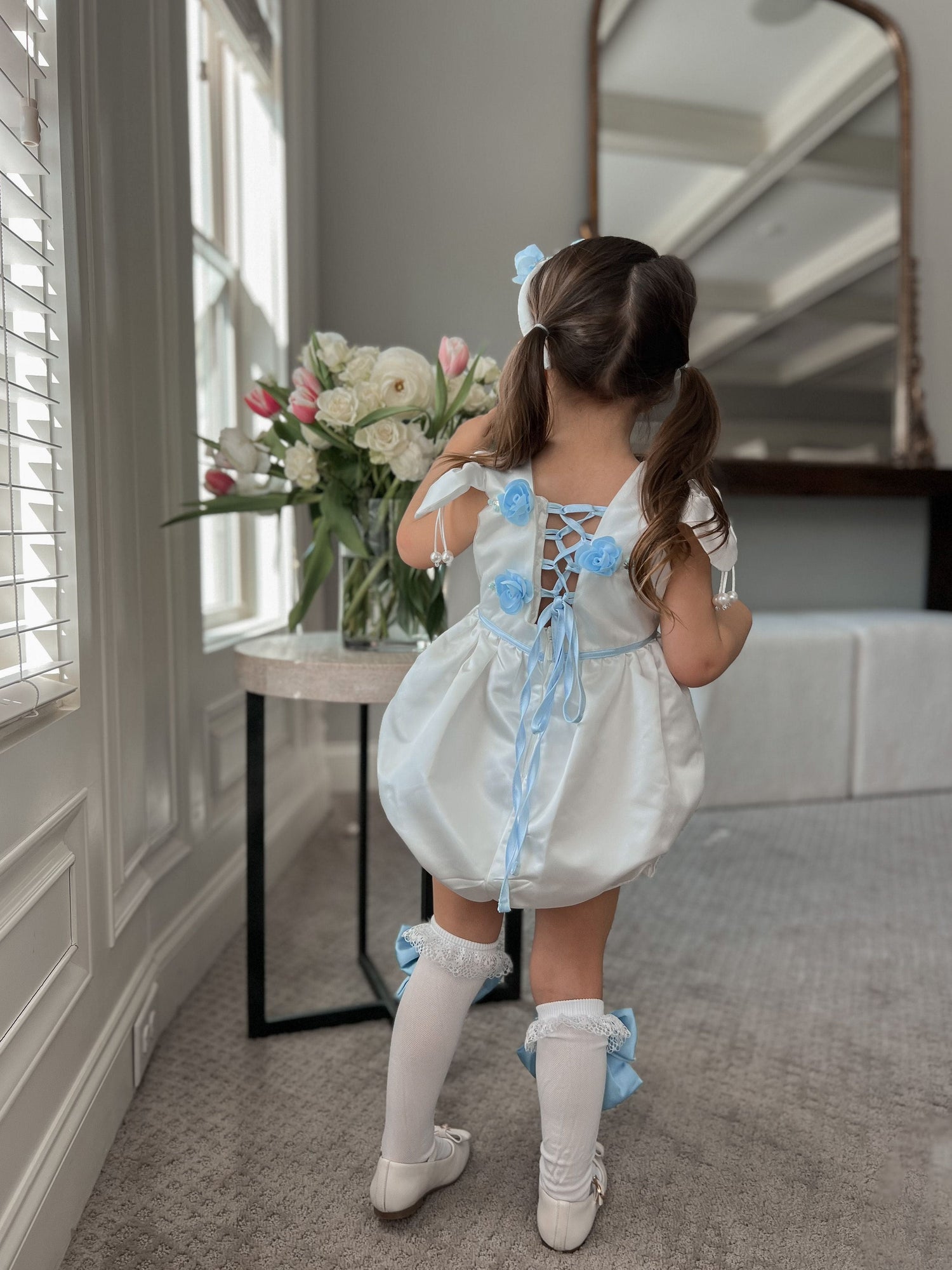 Baby Girls | Daphne Satin Romper with Embroidery | White & Blue