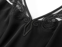 Silk V-Neck Embroidered Sleeveless Waist-Defining Dress | Black