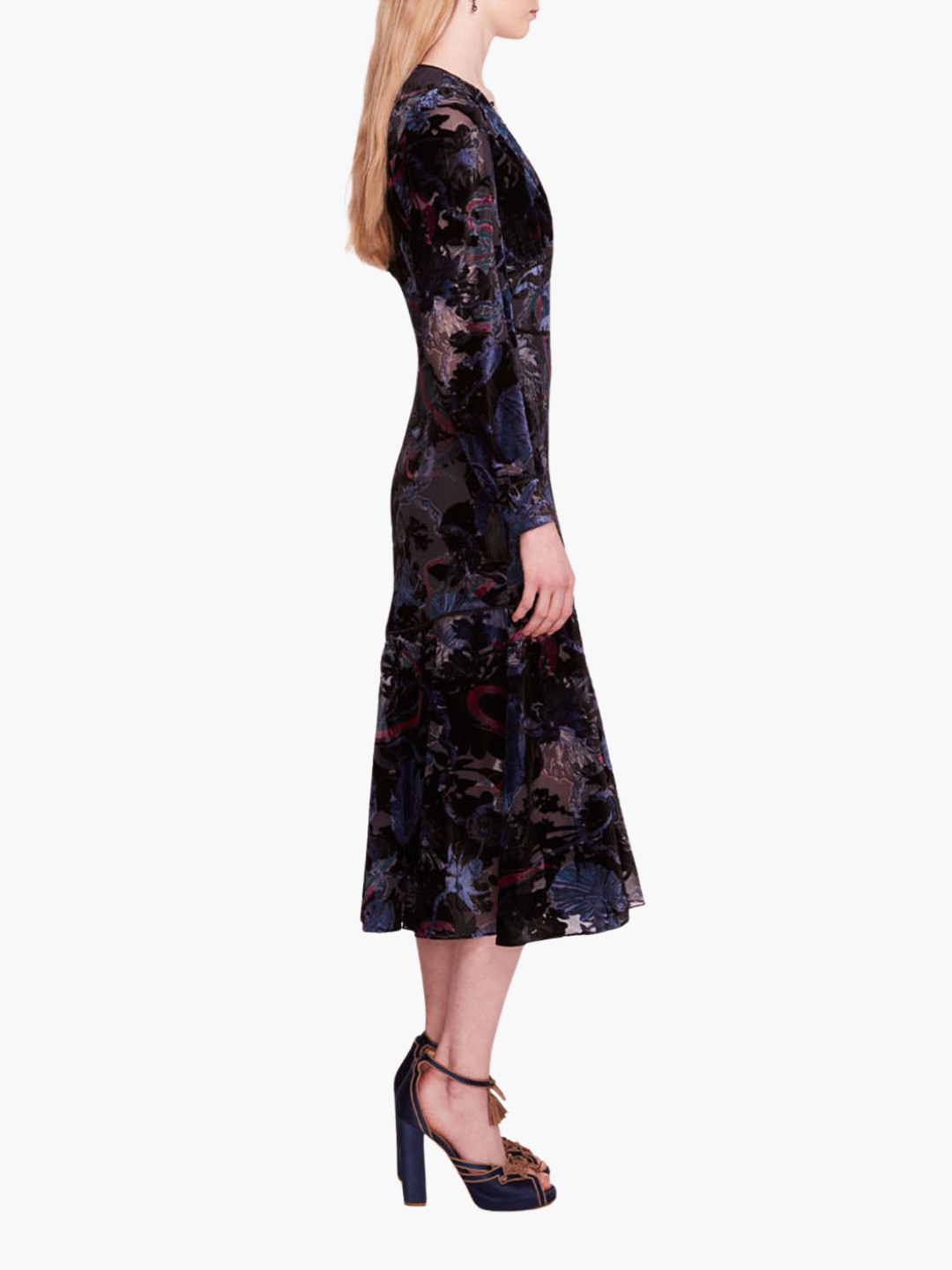 Velvet Burnout Floral Midi Dress | Blue Multi