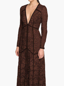 Victorian Corded Lace Deep V Button Maxi Dress | Brown