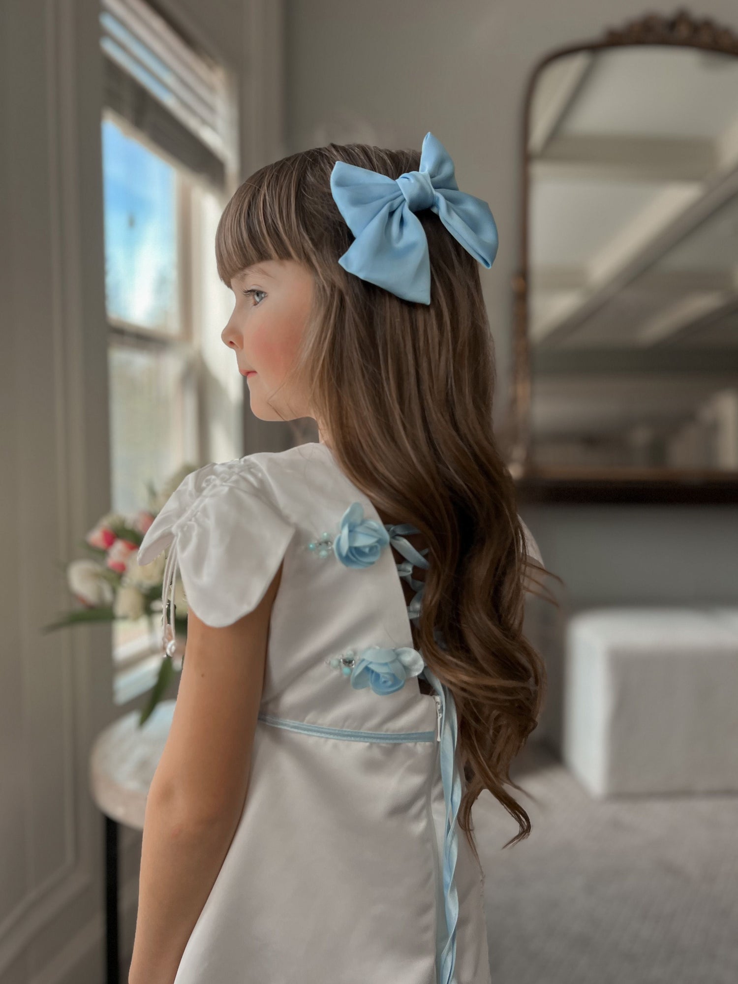 Baby Girls | Daphne Satin Dress with Embroidery | White & Blue