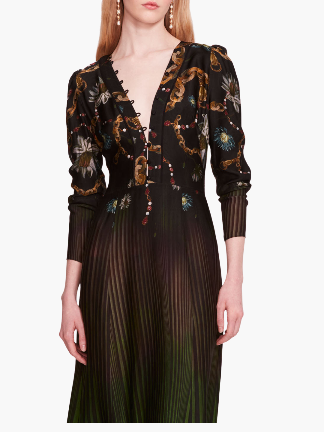 Viscose Georgette V-Neck Midi Dress | Green Multi