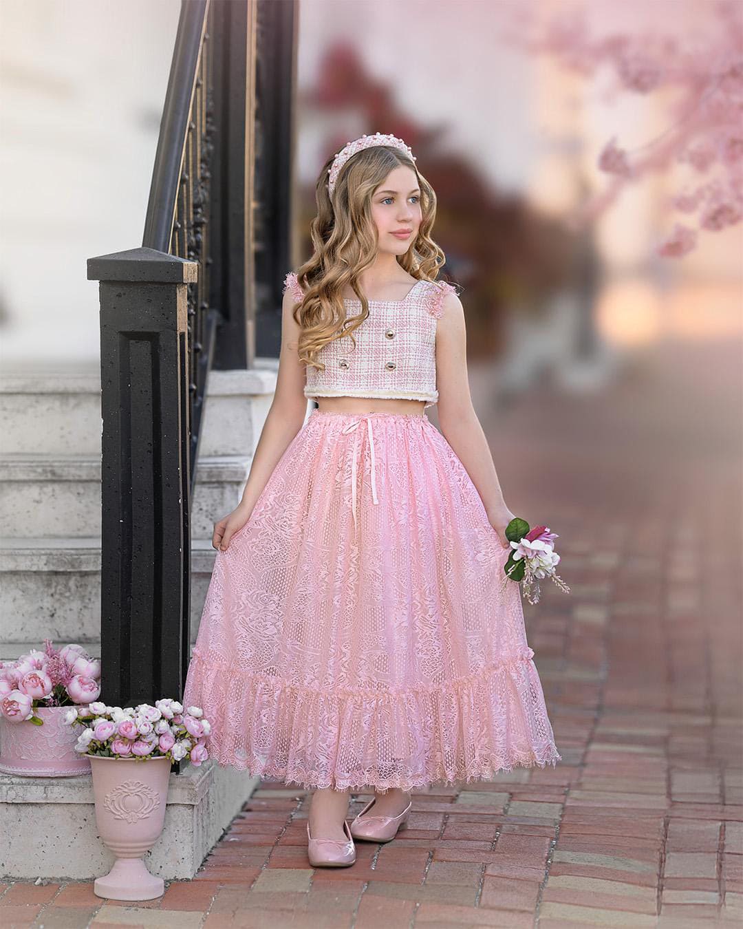 Baby Girls | Molly Tweed Top and Lace Skirt Set | Pink