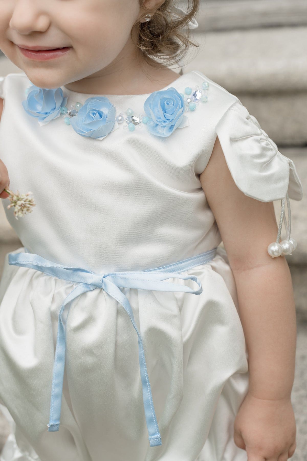 Baby Girls | Daphne Satin Romper with Embroidery | White & Blue