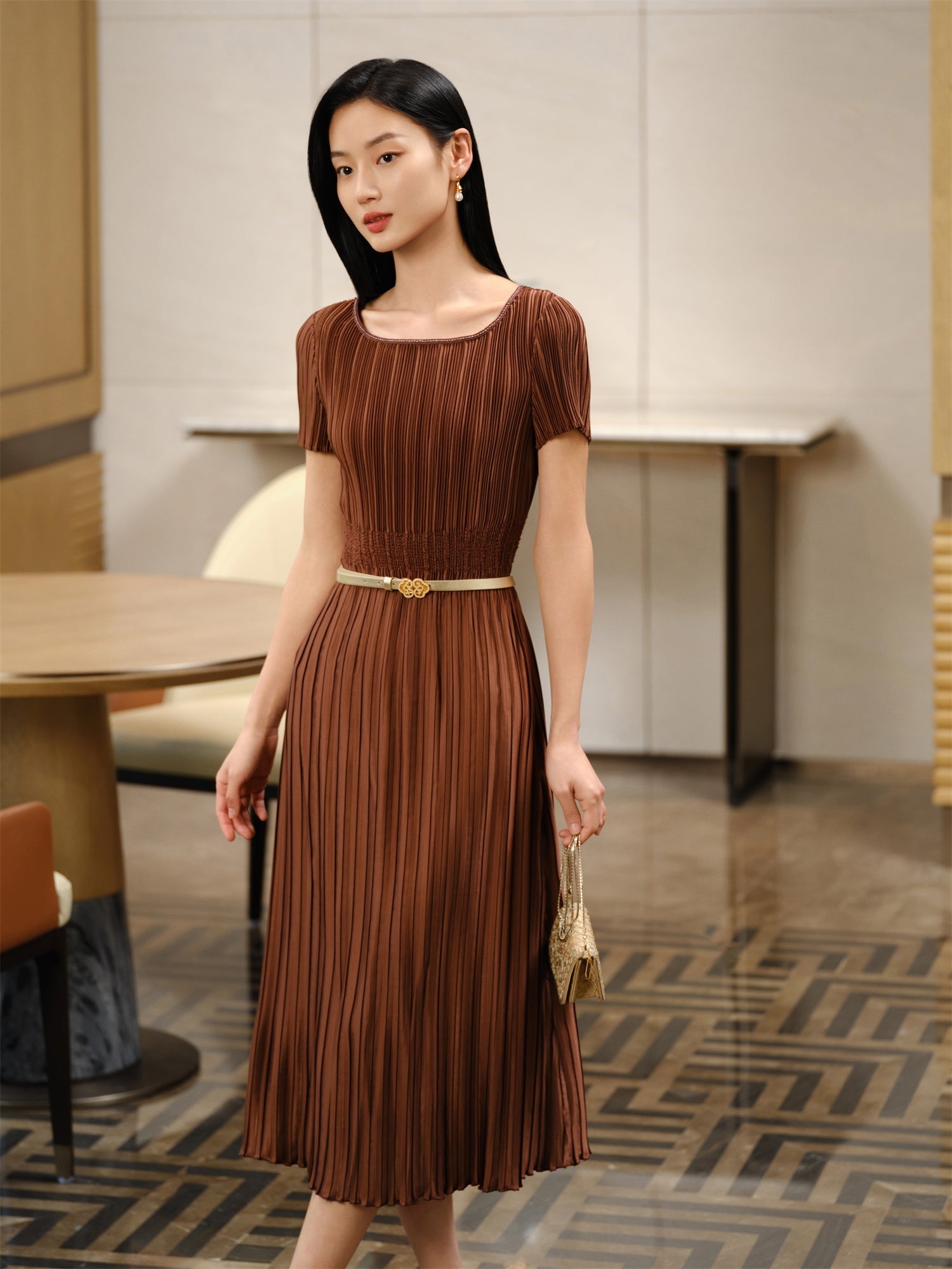 Pleated Waist-Cinched Dress | Brown