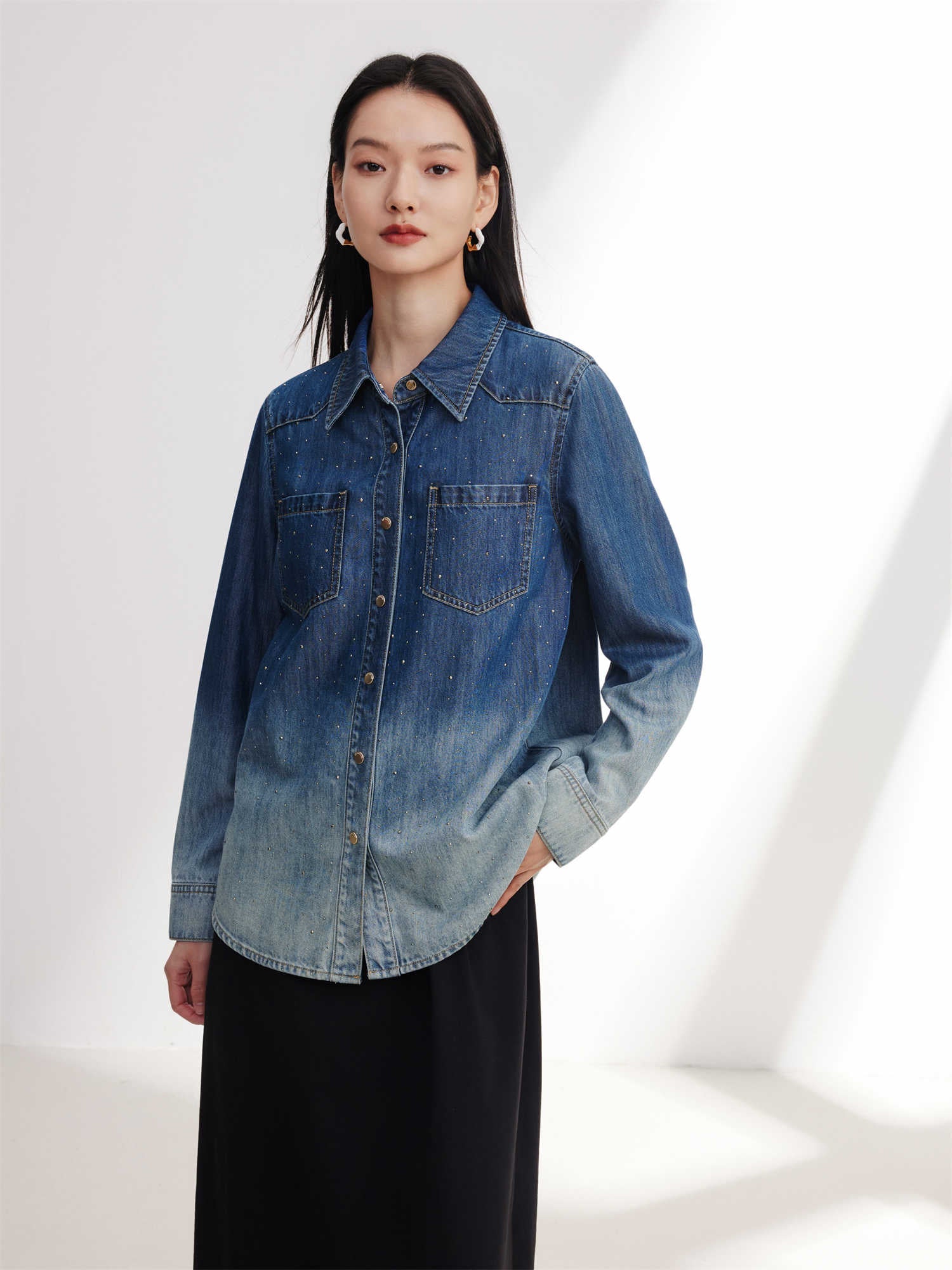 Rhinestone Embellished Denim Shirt | Navy
