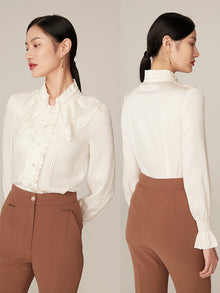 Ruffle-Collar Geometric Jacquard Blouse | White
