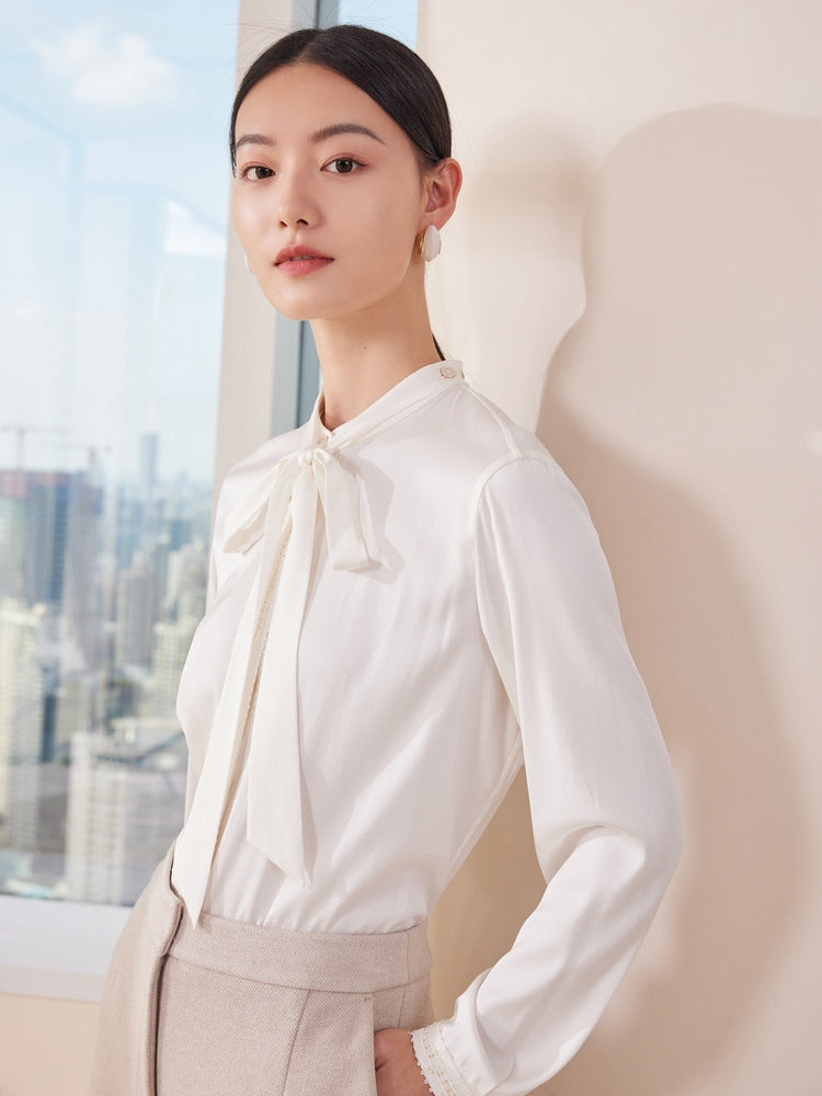 Silk Bow Tie Neckline Shirt | White