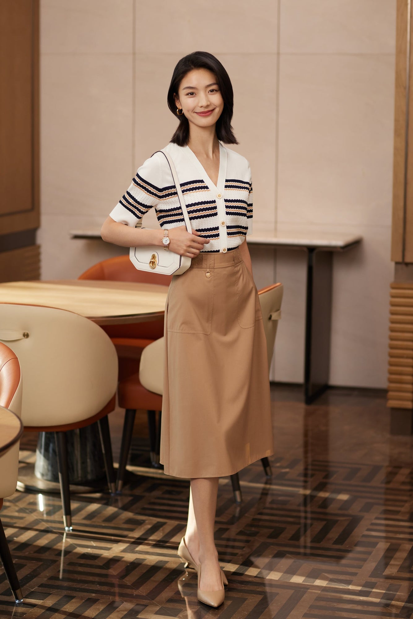 Silk-Viscose Striped Knit Cardigan | White